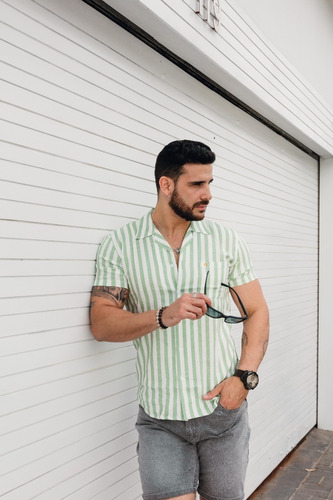 Camisa Tropikl Hawaiana Harmony Slim Fit Noche Verde Blanco