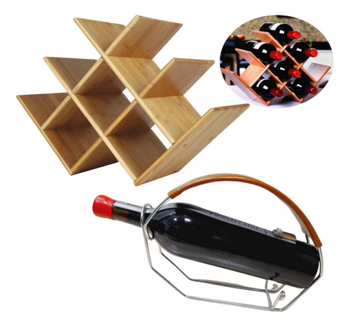 Adega Rack Em Bambu Para 8 Garrafas + Suporte Para Vinho