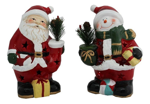 Enfeite Natal Cerâmica Led Papai Noel E Boneco Neve 18cm