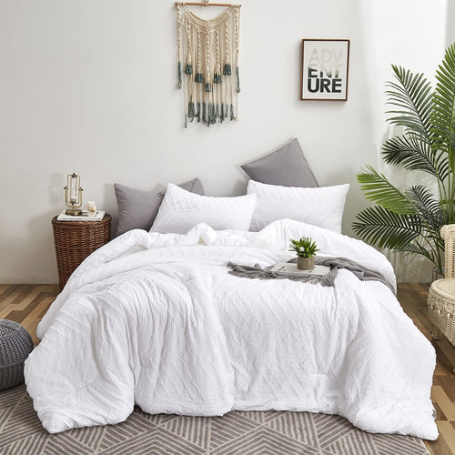 Wellboo White Tufted Comforter Sets Queen Boho White Jacquar