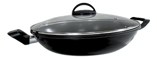 Wok Panela Antiaderente 32cm Preta Com Tampa De Vidro 