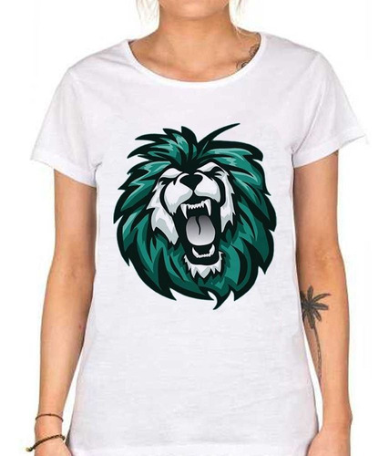 Remera De Mujer Leon Verde Diente Cara Salvaje