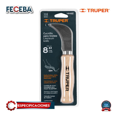 Cuchillo Curvo, Para Linóleo 8'', Truper 14462 Mango Madera