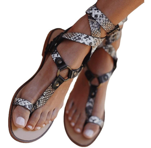 Sandalias Dama Planas Romanas De Serpiente Zapatos De Mujer