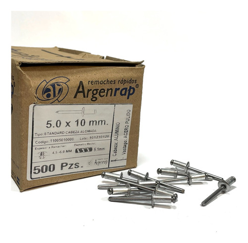 Remache Pop Aluminio 5x10  Argenrap - 500 Unidades - Visnu