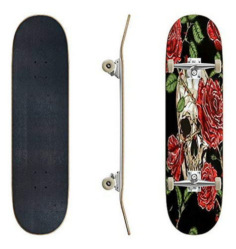 Tabla Skate Calavera Y Rosas Rojas