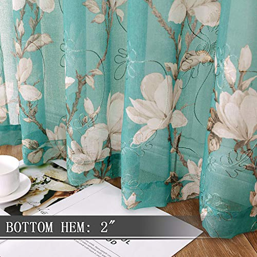 Cortina Corta Transparente Turquesa Con Estampado De Flores