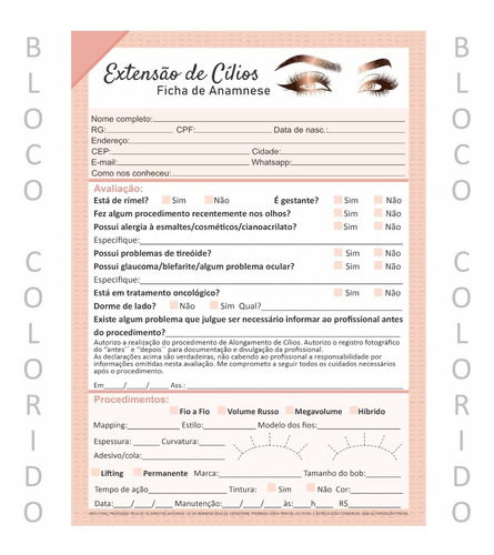 Imagem 3 de 5 de Ficha Anamnese Extensão Cílios E Bloco Cuidado Cliente C/100