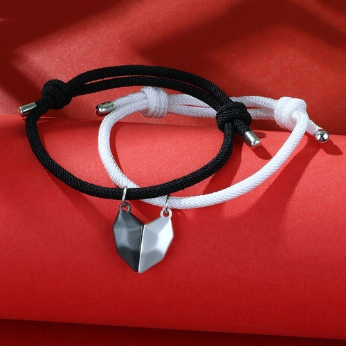 Pulseras Para Pareja Corazón De Imán Negro Blanco Ajustables