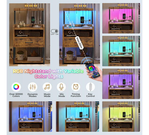 Juego De 2 Mesitas De Noche Rústicas Con Luces Led