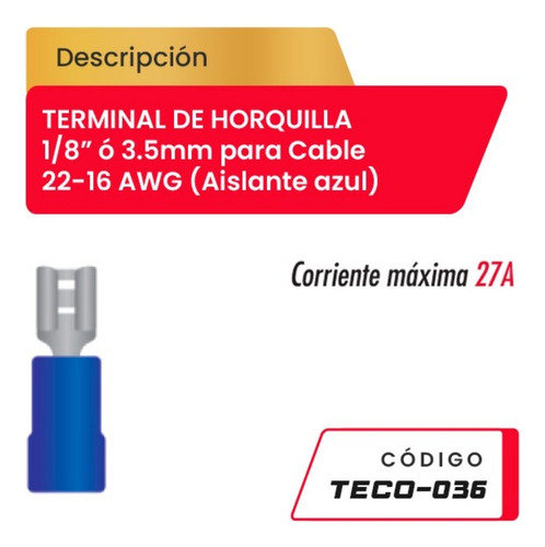Terminal De Horquilla 1/8  Para Cable 22-16awg Teco-036 Azul