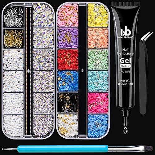 Nail Art Rhinestone Glue Gel & 2 Cajas 3d Charms Accesorios 