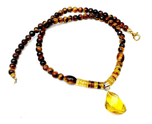 Imagen 2 de 4 de Collar De Ojo De Tigre, Ambar Musgoso Y Dije De Ambar Dorado