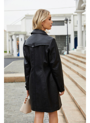 Chaqueta Larga Cuero Para Mujer Cuero Pu Cortavientos Abrigo