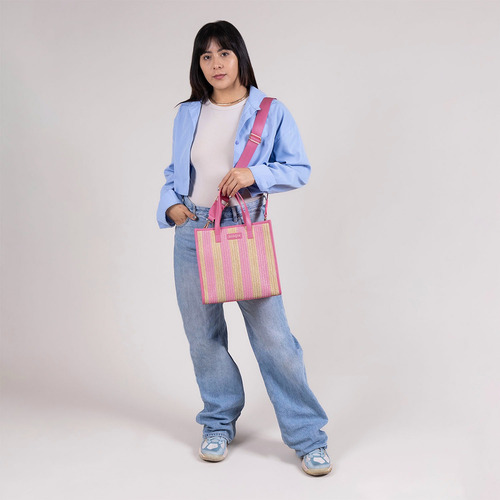 Bolso Satchel De Rafia Madison Chenson Md25010-p Dama Acabado De Los Herrajes Oro Color Rosa Correa De Hombro Rosa
