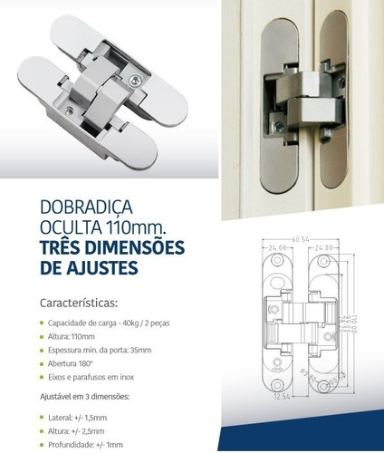 Kit 15 Peças Dobradiça Invisível Oculta 110mm Ajustes 3d