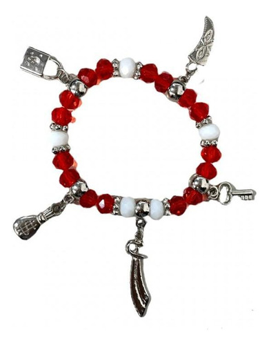 Pulseira Ogum Vermelho Branco Penduricalhos Cristal Silicone