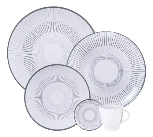 Aparelho De Jantar Tramontina Griz Porcelana Decorada 20pçs Branco Com Cinza Lisa