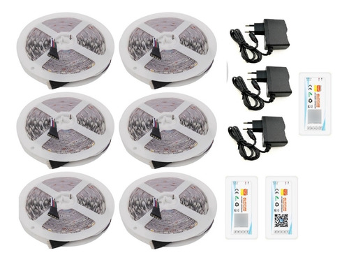 Kit 6 Fitas Led 5 Vias 5050 5mt + 3controlador Wifi + 3fonte