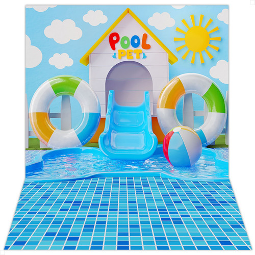 Fundo Fotográfico Pet Shop Cenário Tecido 1,20x1,70 Vertical Desenho impresso Pet Pool Party PET-126