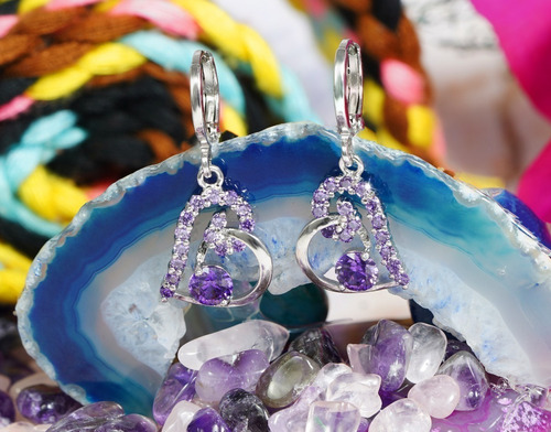 Aretes Colgantes Oro Blanco 18k Corazón Gema Amatista Morado