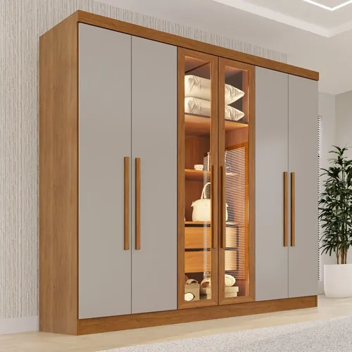 Guarda-roupa Casal Reflecta com Led 06 Portas 02 Gavetas Cinamomo/Off White