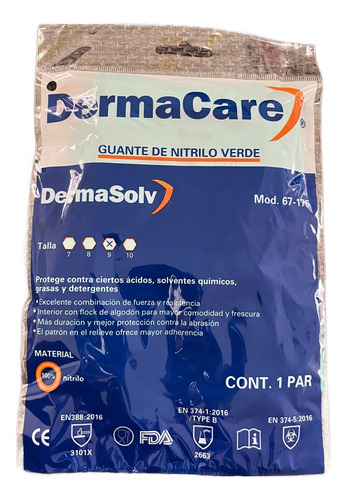 Guante De Nitrilo Verde Derma Care 10 Pares P/ Quimicos