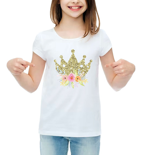 Remera Nena Niña Infantil Corona Princesa Rosa Dorado 01