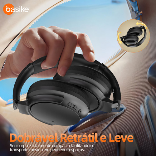 Basike BA-FON168 fone de ouvido over-ear bluetooth sem fio com anc ativo 80h bateria áudio hd graves intensos espuma com memória perfeito para viagens e home office Preto