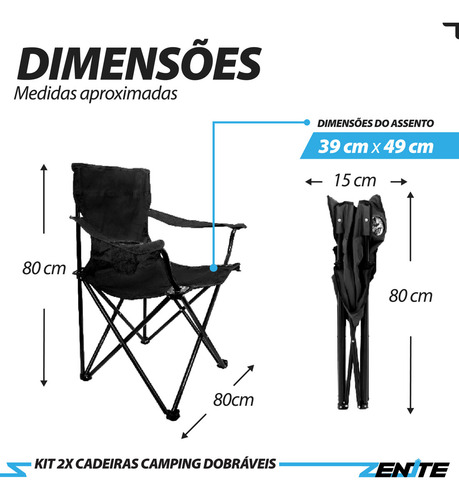 Kit 2 Cadeiras Praia Camping Pesca Dobrável Com Porta Copos + Bolsa Preta Zenite