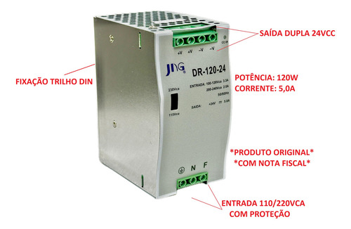 Fonte Chaveada JNG Trilho Din 5A Saída Dupla 24Vcc Entrada Bivolt DR-120-24