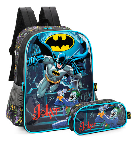 Kit Mochila De Costas + Estojo Batman E Coringa Preto