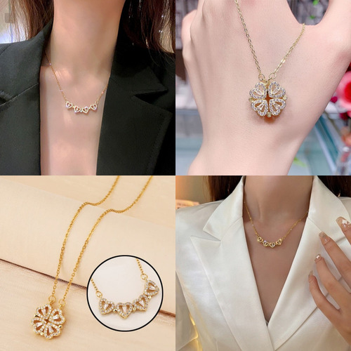 Imagen 4 de 10 de Collar Trébol 4 Corazones Doble Vista Dije Dorado Caja Rosas