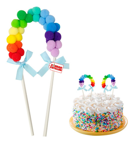 Topper Pompón Arcoiris Torta Multicolor - Ciudad Cotillón