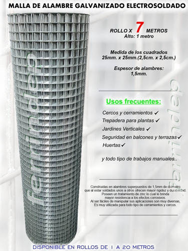 Malla Electrosoldada 25x25mm 1mt 7mts Rollo Tejido Alambre
