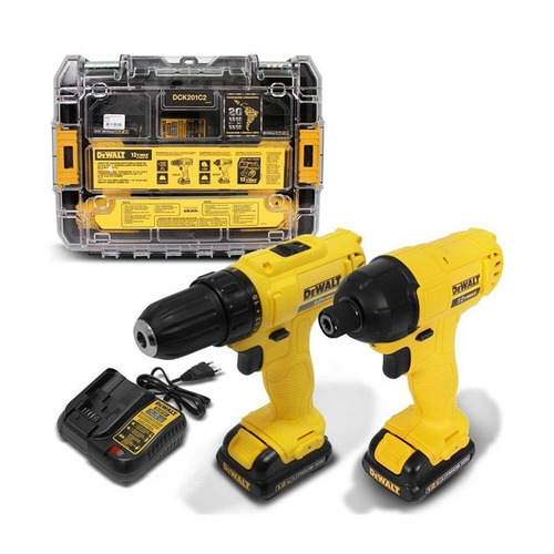 Maleta Dewalt de Ferramentas Modelo DCK201C2 Contém Furadeira e Parafusadeira 10mm e Parafusadeira de Impacto 6,35mm 2 Baterias 12V 1 Carregador Bivolt