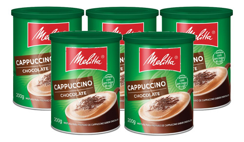 Kit 5 Cappuccino Solúvel Sabor Chocolate Melitta Lata 200g