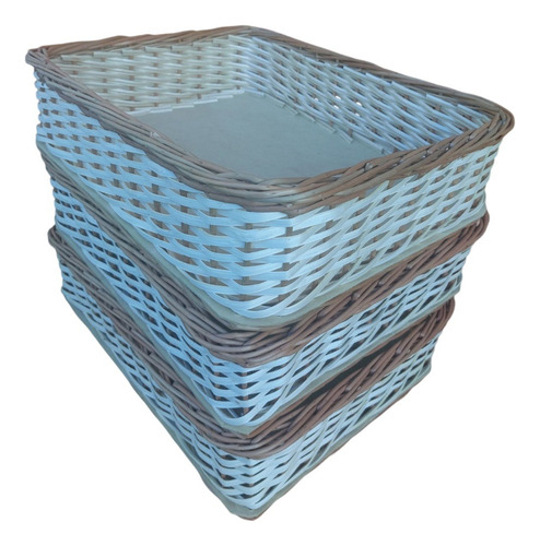 Pack De 3 Canastos De Mimbre De 30x20x13cm De Alto Blanco Con Bordes Marrones Con Base De Mdf