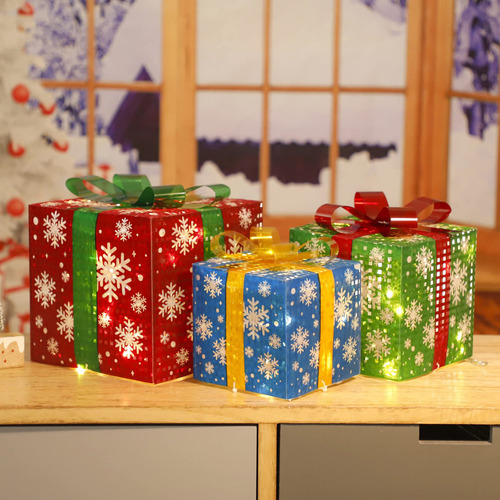 Caja Decorativa Navideña Luminosa De Hierro P, 3 Unidades, S
