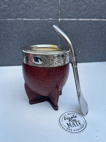 Mate Imperial Cuero Croco De Alpaca Y Calabaza Con Bombilla