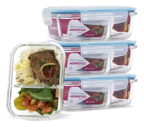 4 Potes Hermético Vidro Divisória Marmita Microondas 640ml