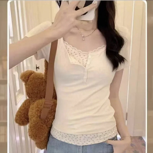 Camiseta De Mujer De Corte Ajustado Con Borde De Encaje Flor