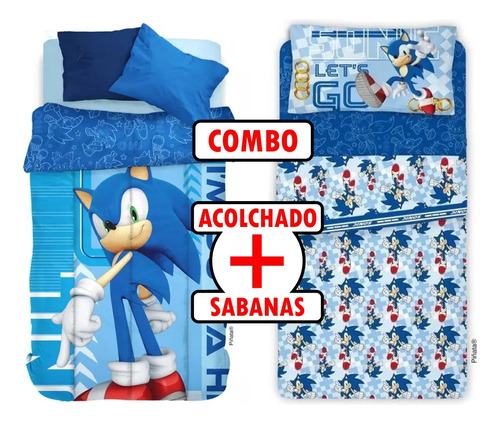 Combo Acolchado + Sabanas 1½ Plaza Sonic Original Piñata