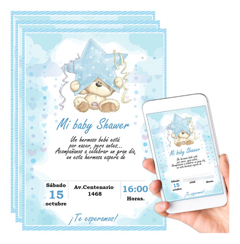 Tarjeta Invitación Babyshower Digital Imprimi Whatsapp Osito