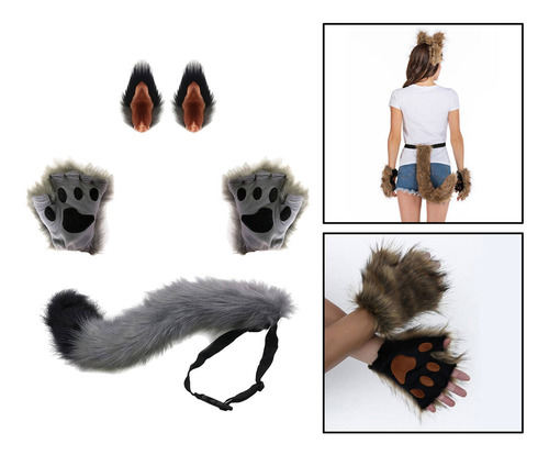 Conjunto De Guantes Y Orejas De Clip De Cola De Zorro Traje