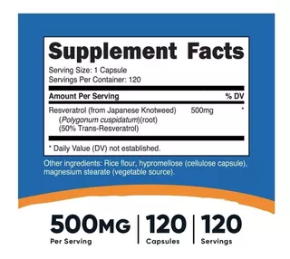 Resveratrol 500 Mg Nutricost 120 Capsulas Sabor Sin sabor