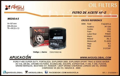 Filtro Aceite Explorer Fx4 F350 Super Duty 4.0 4.6 5.4