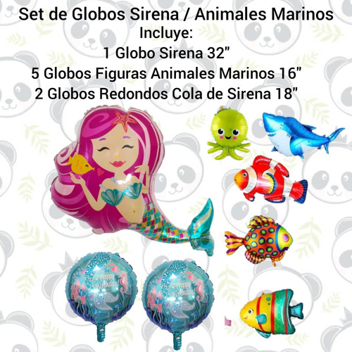 Set De 8 Globos Decoración Cumpleaños Sirena Peces Pulpo