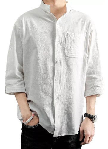 Camisa Cuello Mao Lino Hombre Casual Manga Corta Slim Fit