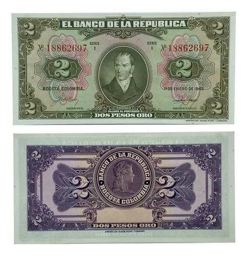 Colombia 2 Pesos 1 De Enero De 1945 Unc